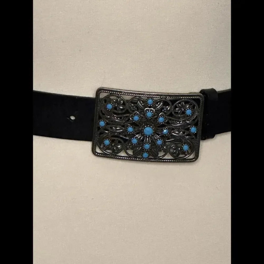 Western-style antique silver turquiose stone leather belt Size Medium